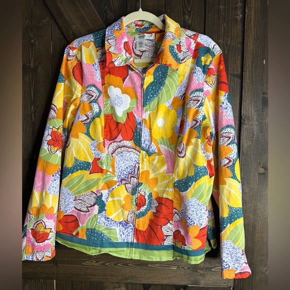 Coldwater Creek Jackets & Blazers - Coldwater Creek Women's Med Colorful Rainbow Floral Zip Long Sleeve Light Jacket